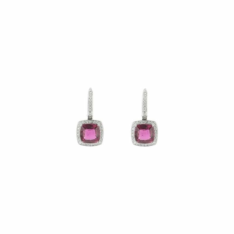 Boucles d'oreilles solitaires Carré en or blanc, rubellite et diamant