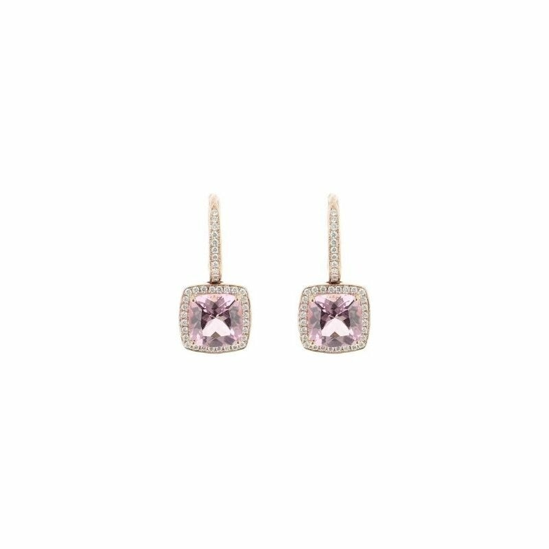 Boucles d'oreilles Solitaire Carré en or rose, tourmaline rose et diamants
