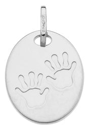 Médaille ovale avec empreintes mains en or blanc 9ct