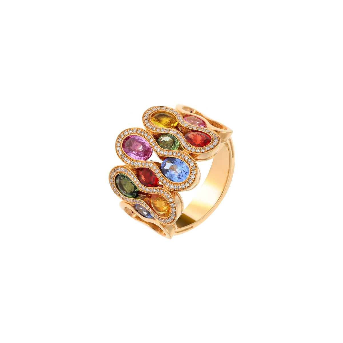 Bague en or rose saphirs multicolors et diamants
