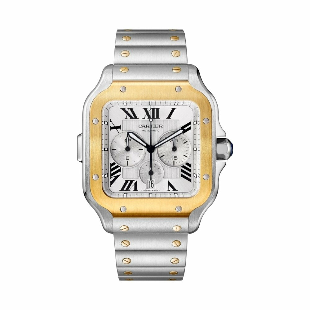 Montre Santos de Cartier Chronographe Modèle extra-large, mouvement automatique, or jaune, acier, bracelets métal et caoutchouc interchangeables