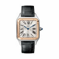Montre Santos-Dumont Grand modèle, mouvement quartz, or rose, acier, cuir