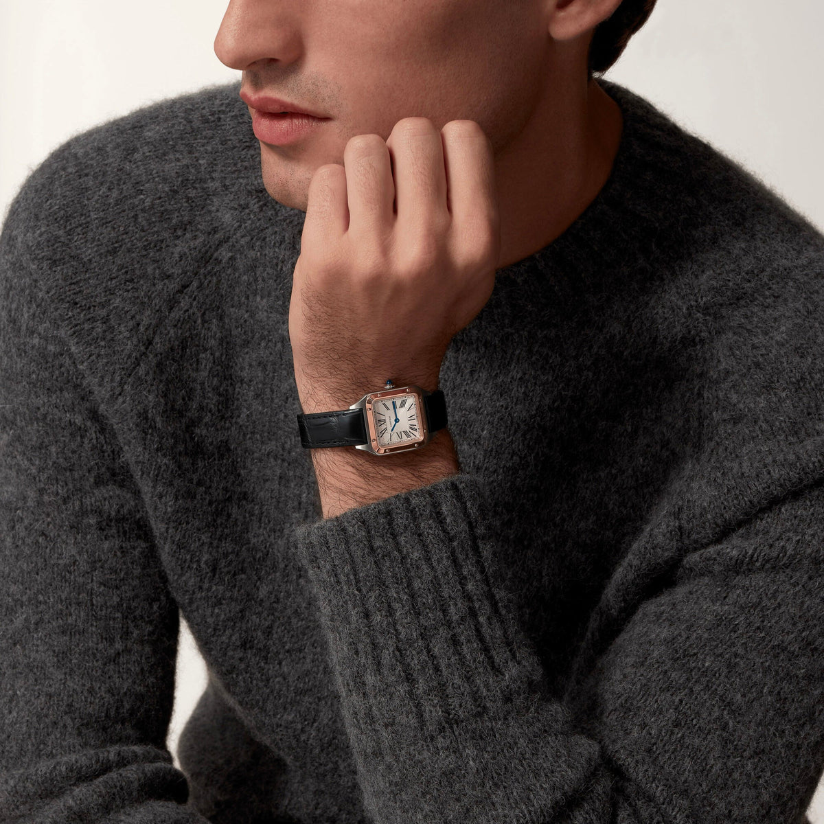 Montre Santos-Dumont Petit modèle, mouvement quartz, or rose, acier, cuir