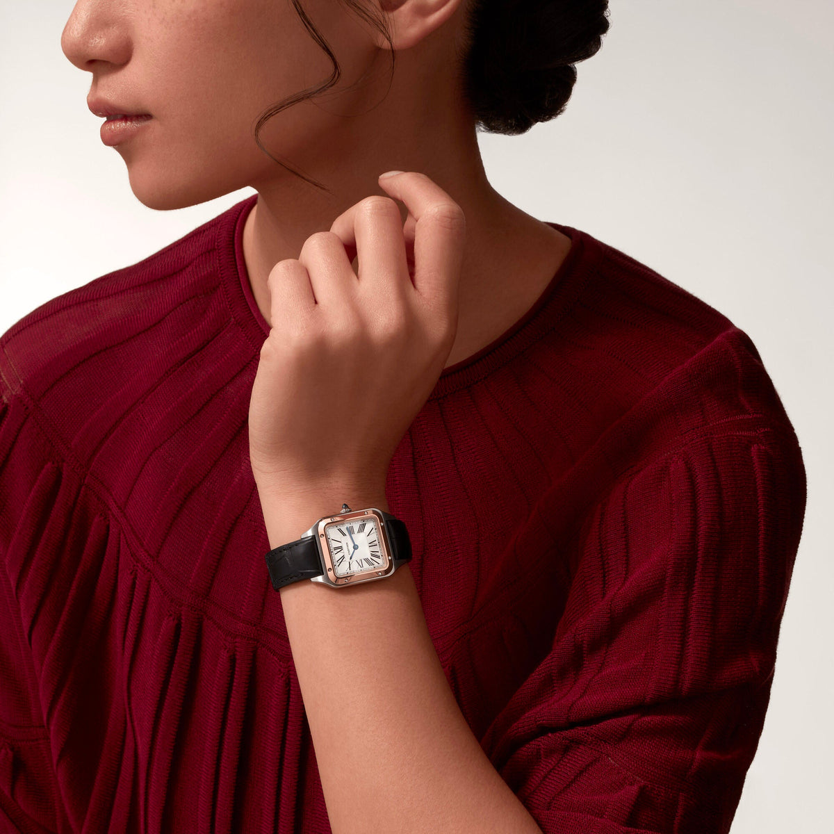 Montre Santos-Dumont Petit modèle, mouvement quartz, or rose, acier, cuir