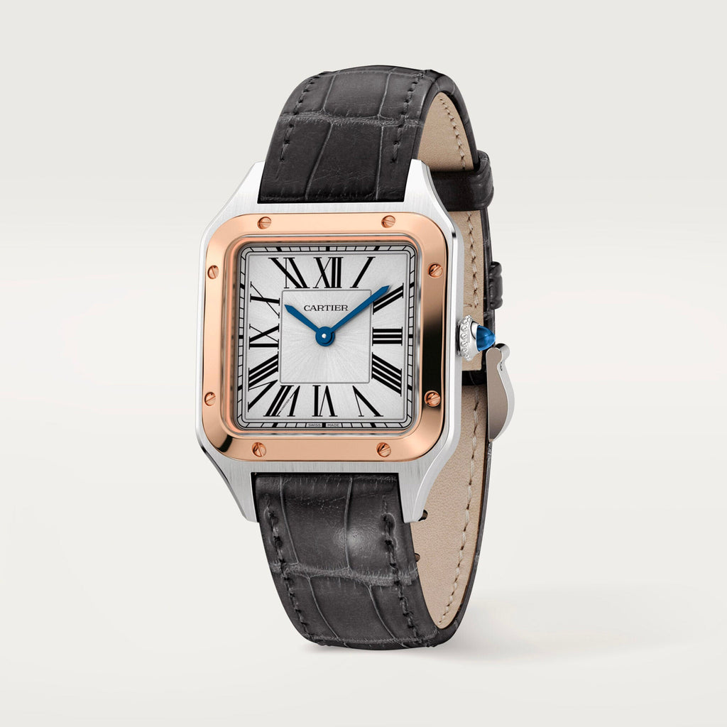Montre Santos-Dumont Petit modèle, mouvement quartz, or rose, acier, cuir