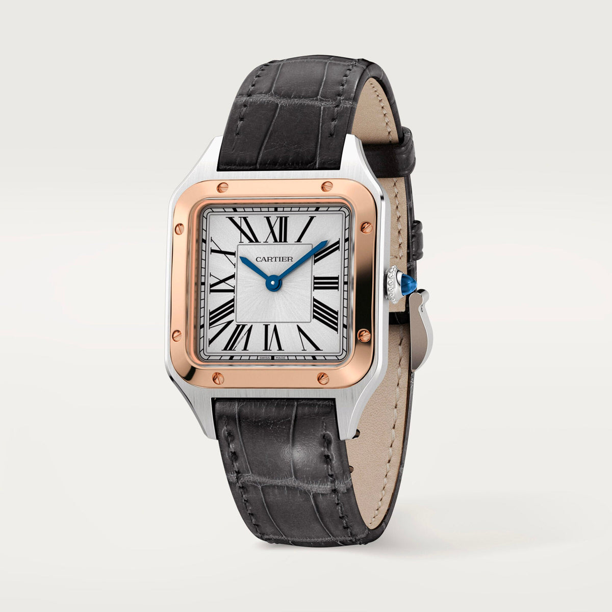 Montre Santos-Dumont Petit modèle, mouvement quartz, or rose, acier, cuir