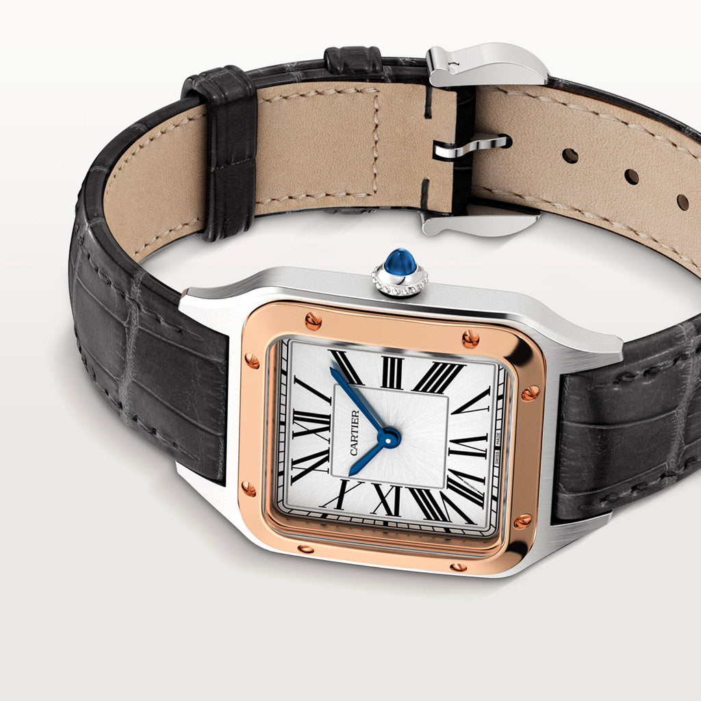 Montre Santos-Dumont Petit modèle, mouvement quartz, or rose, acier, cuir