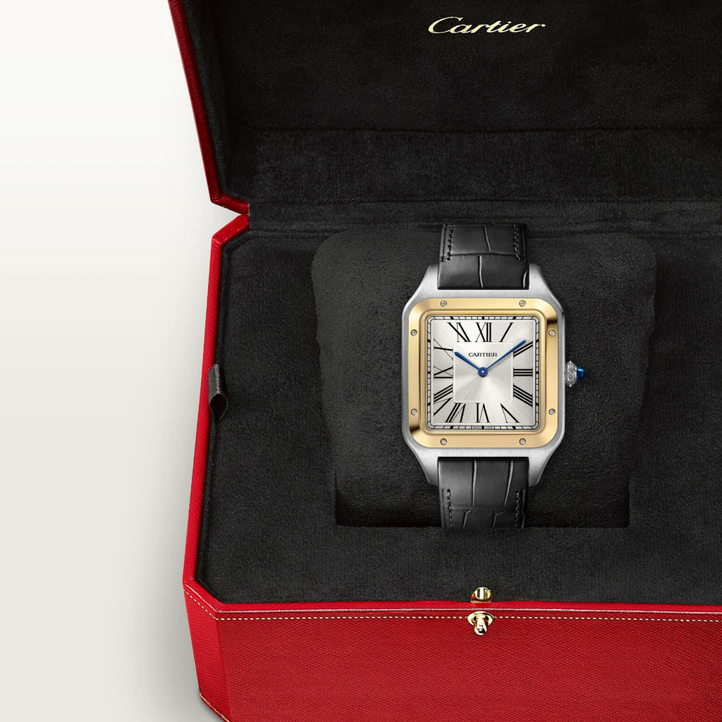 Montre Santos-Dumont de Cartier Modèle extra-large, mouvement mécanique manuel, or jaune, acier, cuir