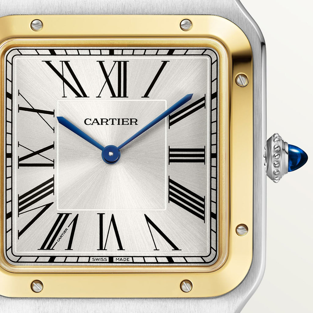 Montre Santos-Dumont de Cartier Modèle extra-large, mouvement mécanique manuel, or jaune, acier, cuir