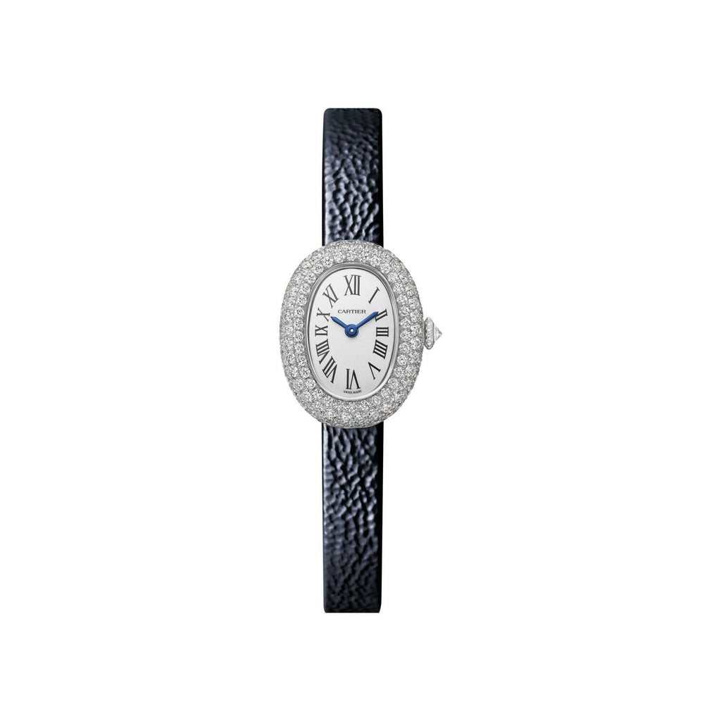 Montre Cartier Baignoire Mini modèle, mouvement quartz, or gris, diamants, cuir