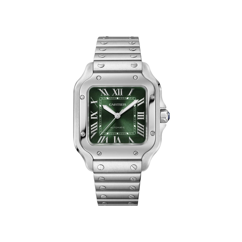 Montre Santos de Cartier, Moyen modèle, mouvement automatique, acier, bracelets métal et cuir interchangeables