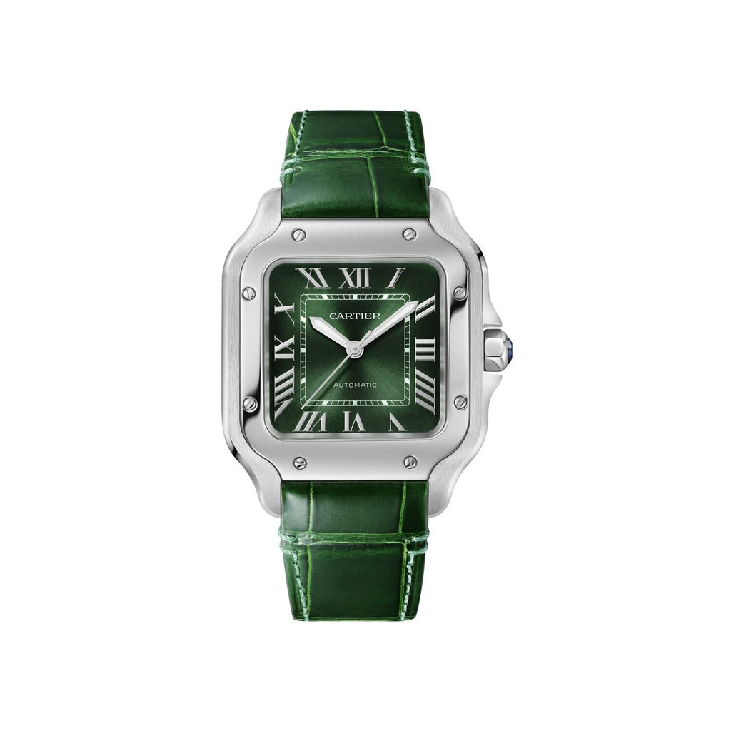 Montre Santos de Cartier, Moyen modèle, mouvement automatique, acier, bracelets métal et cuir interchangeables