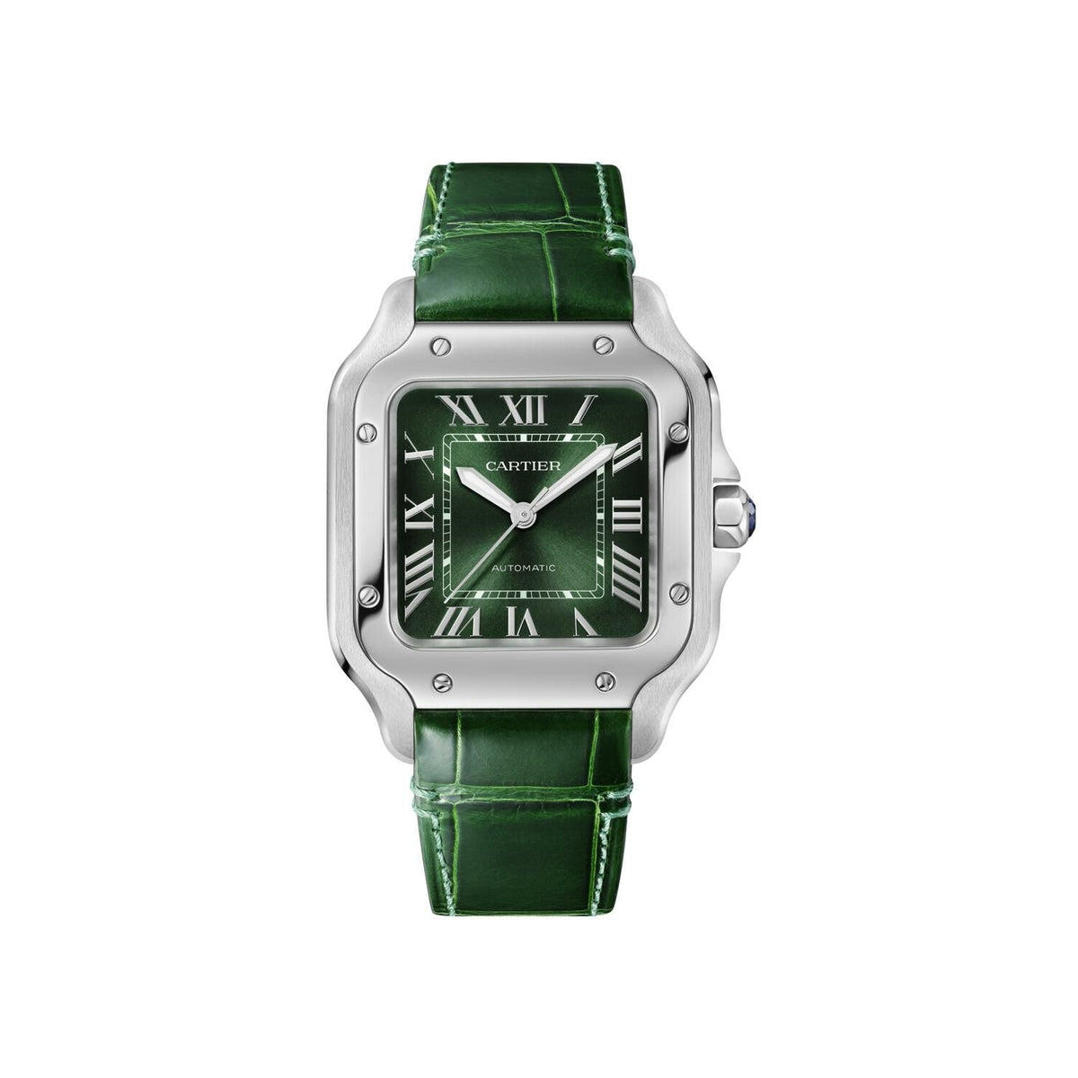 Montre Santos de Cartier, Moyen modèle, mouvement automatique, acier, bracelets métal et cuir interchangeables