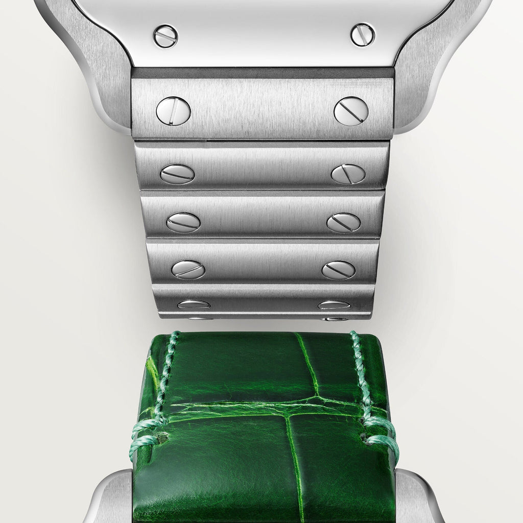 Montre Santos de Cartier, Moyen modèle, mouvement automatique, acier, bracelets métal et cuir interchangeables