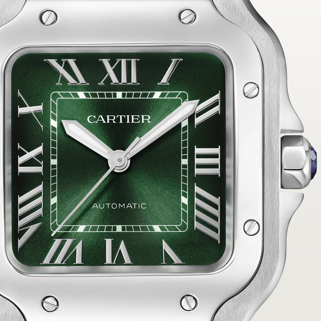 Montre Santos de Cartier, Moyen modèle, mouvement automatique, acier, bracelets métal et cuir interchangeables