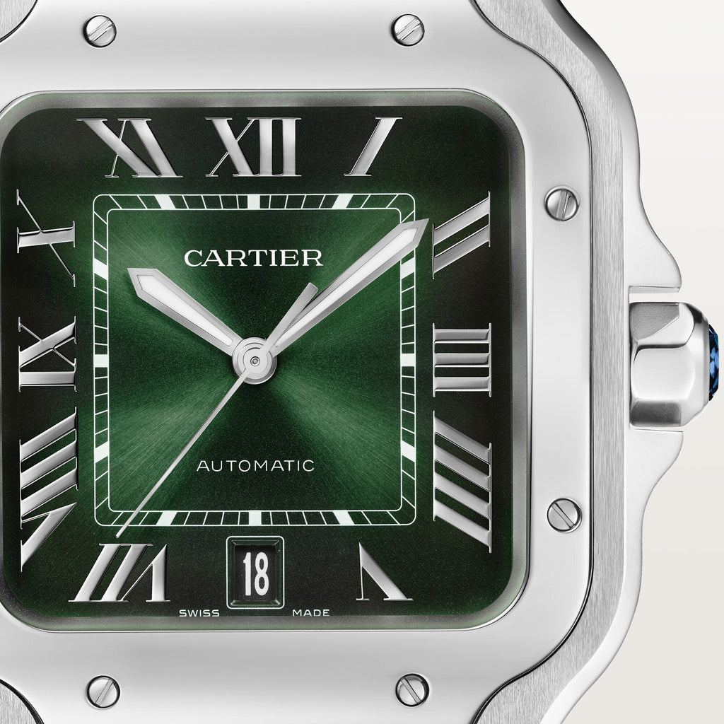 Montre Santos de Cartier, Grand modèle, mouvement automatique, acier, bracelets métal et cuir interchangeables
