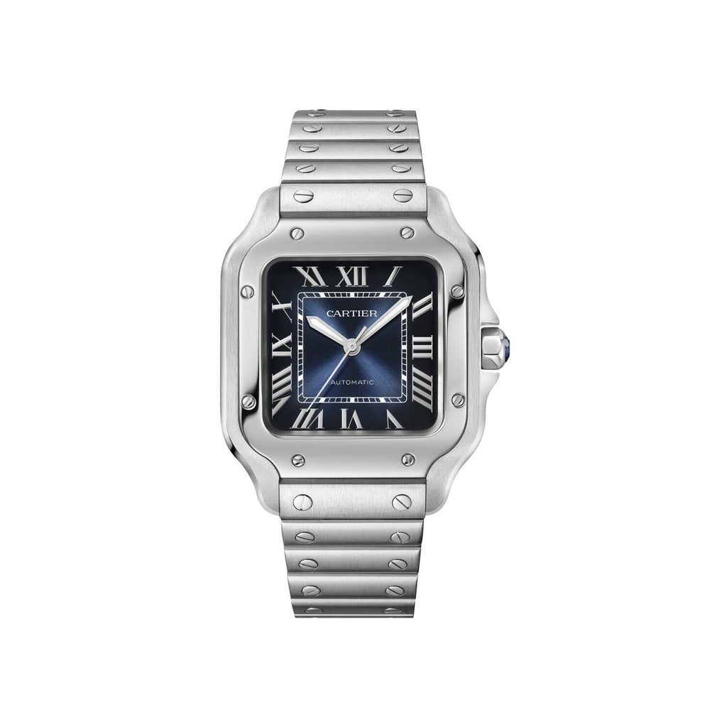 Montre Santos de Cartier, Moyen modèle, mouvement automatique, acier, bracelets métal et cuir interchangeables