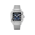 Montre Santos de Cartier, Moyen modèle, mouvement automatique, acier, bracelets métal et cuir interchangeables