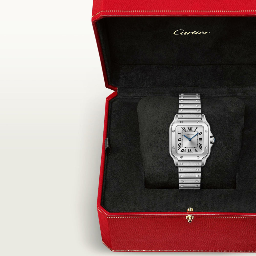Montre Santos de Cartier Petit modèle, mouvement quartz, acier, bracelets métal et cuir interchangeables