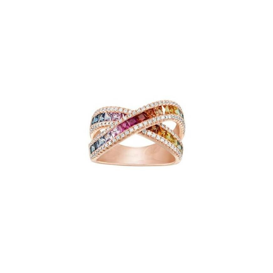 Bague or rose Croisée Arc En Ciel saphirs et diamants