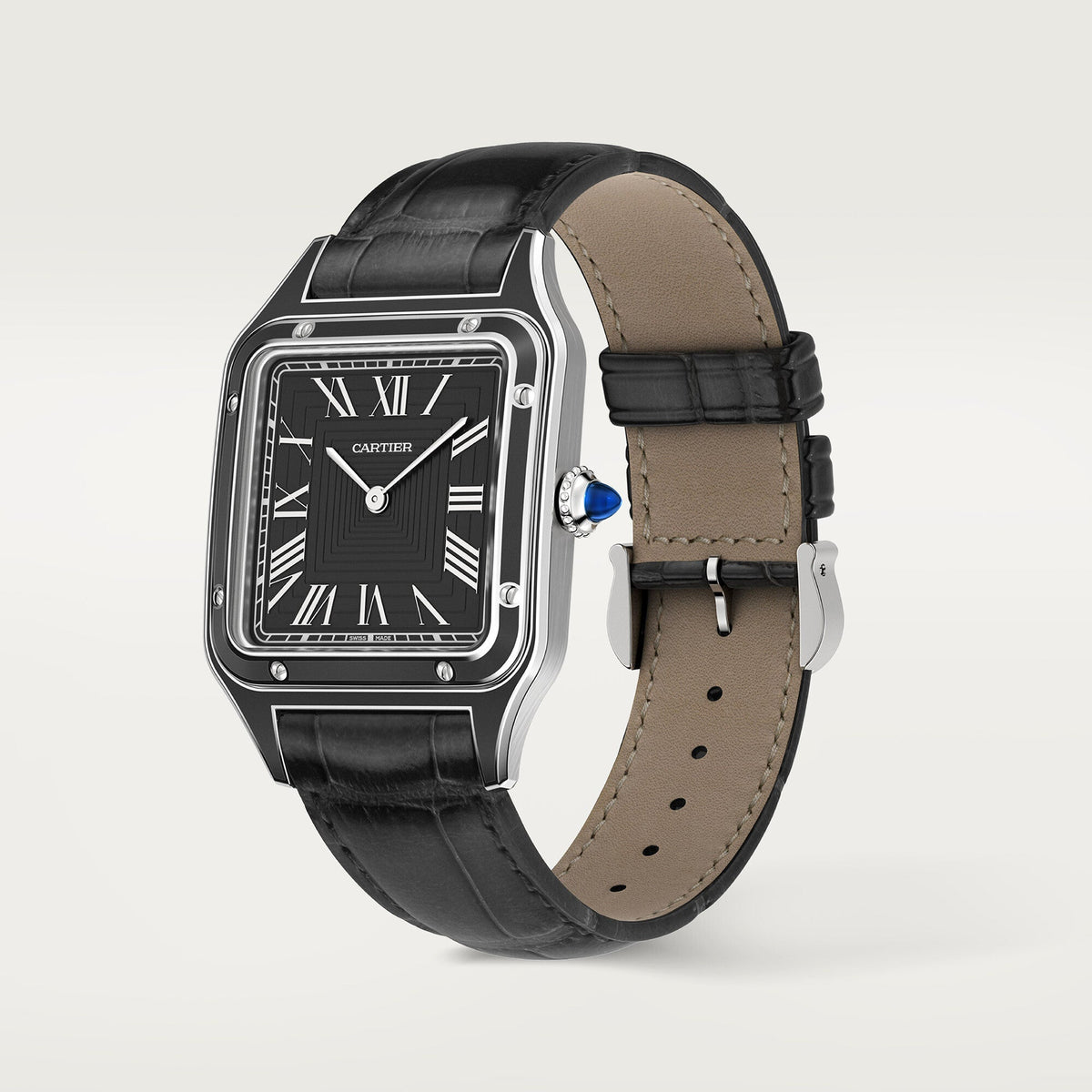 Montre Santos-Dumont Grand modèle, mouvement mécanique manuel, acier, laque, cuir