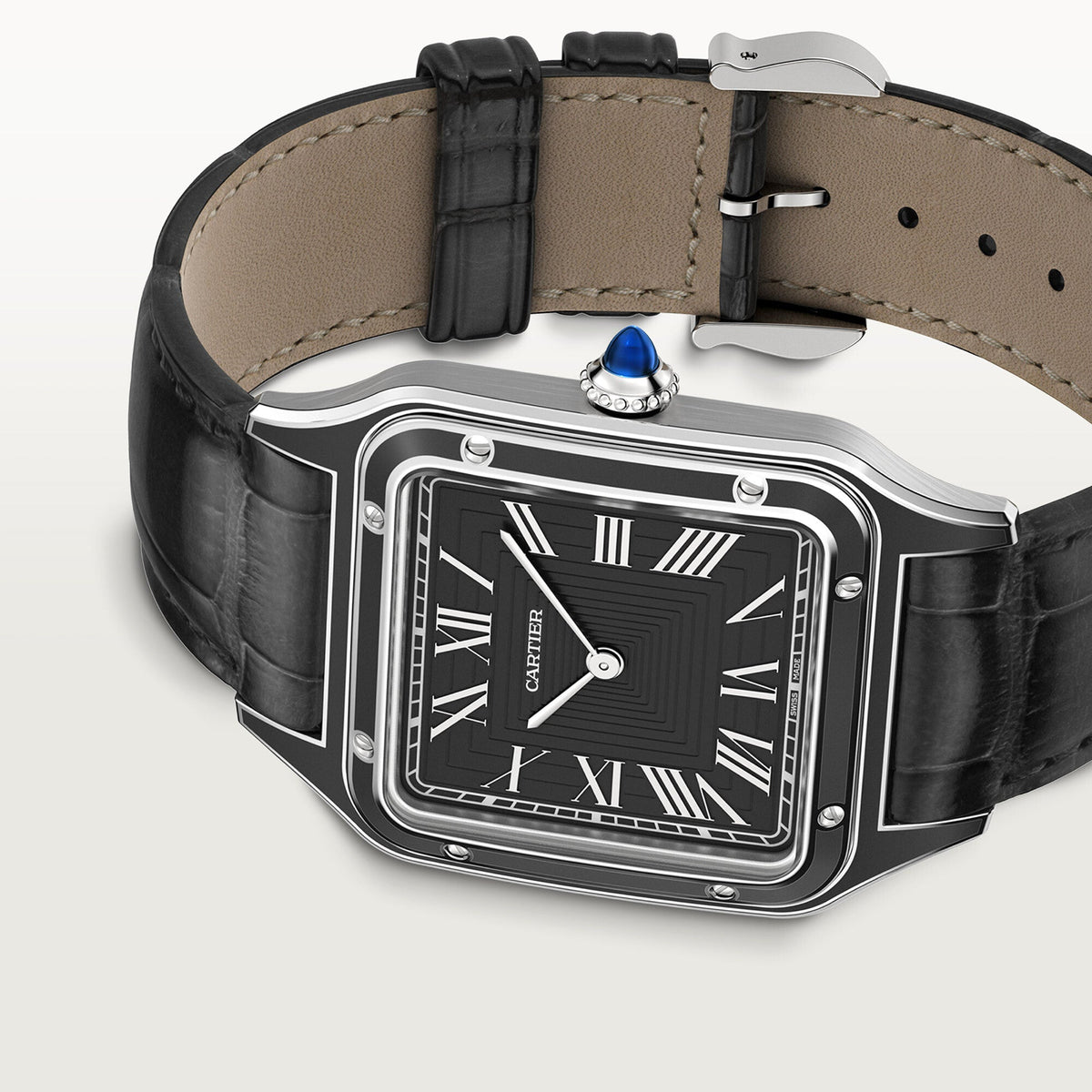 Montre Santos-Dumont Grand modèle, mouvement mécanique manuel, acier, laque, cuir