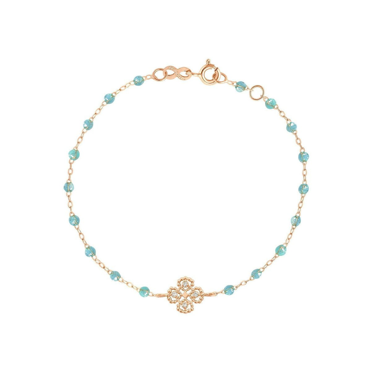 Bracelet Gigi Clozeau Lucky Trèfle en or rose, résine aqua et diamants, taille 17cm