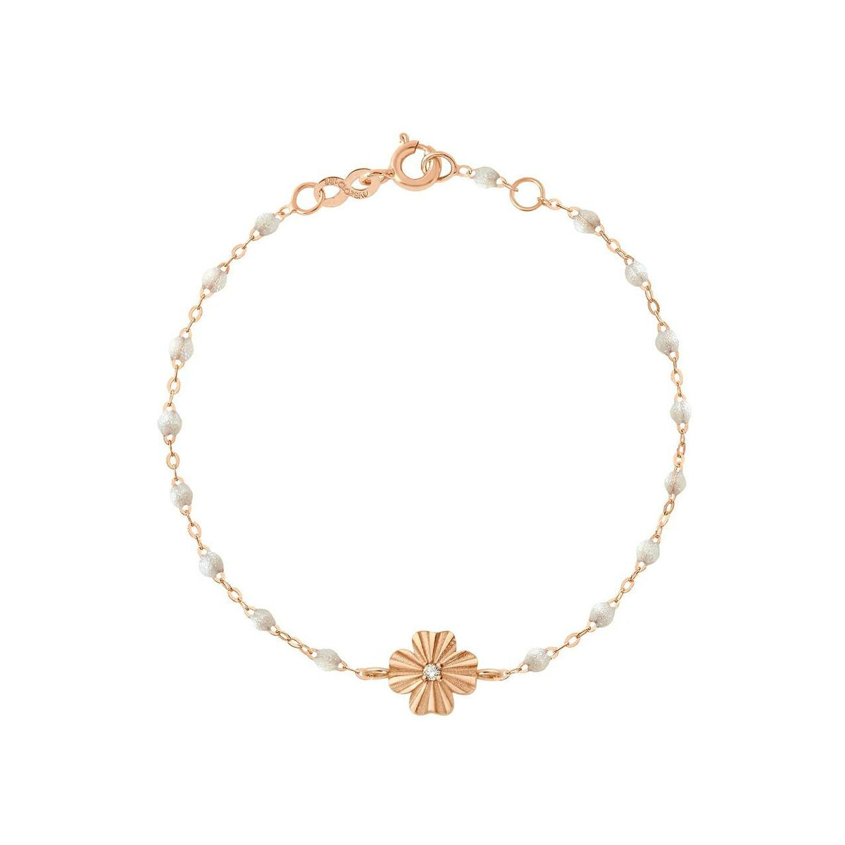 Bracelet Gigi Clozeau Trèfle Lumière en or rose, résine opale et diamant, 17cm