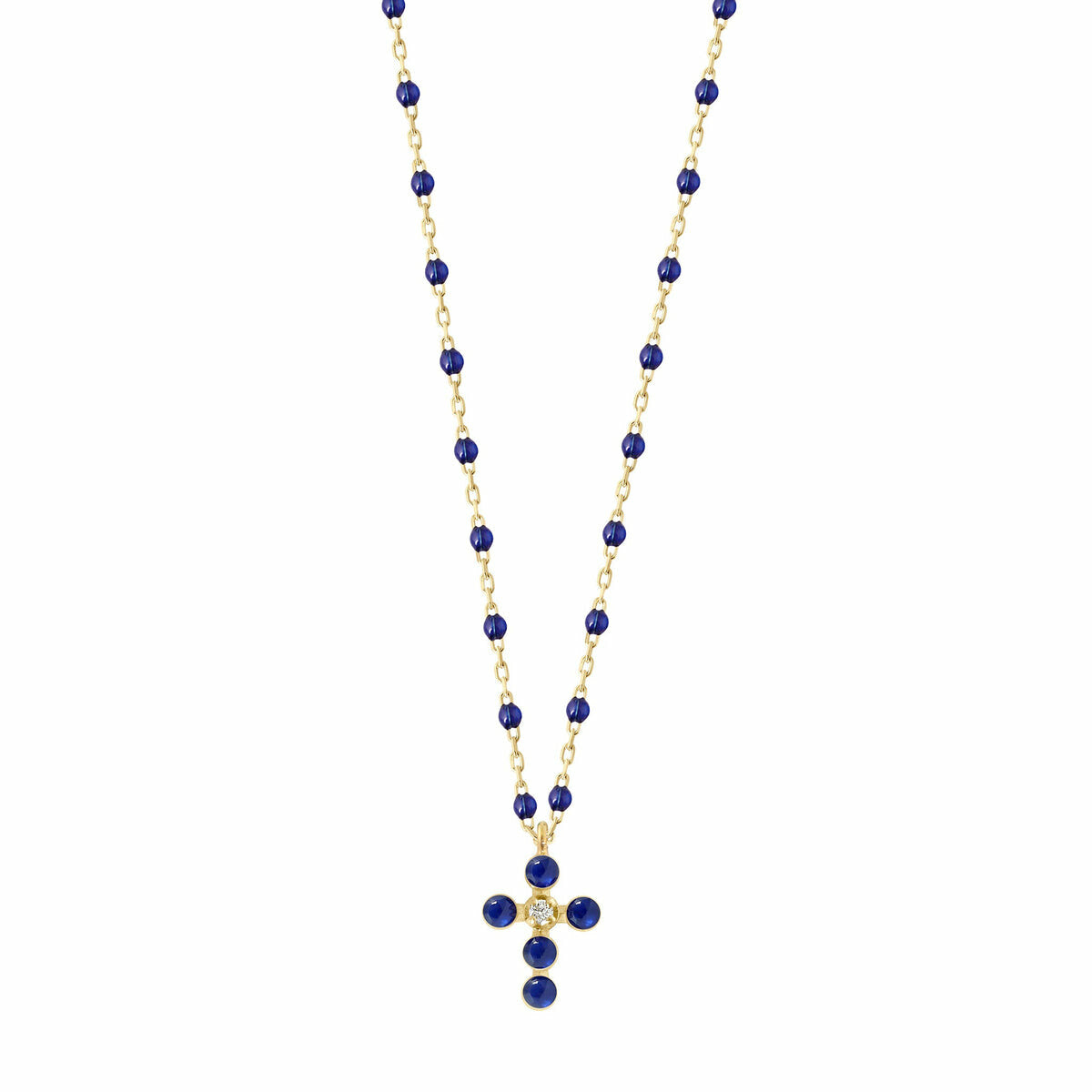 Collier Gigi Clozeau Croix Perlée en or jaune, résine bleu prusse et diamant, 42cm